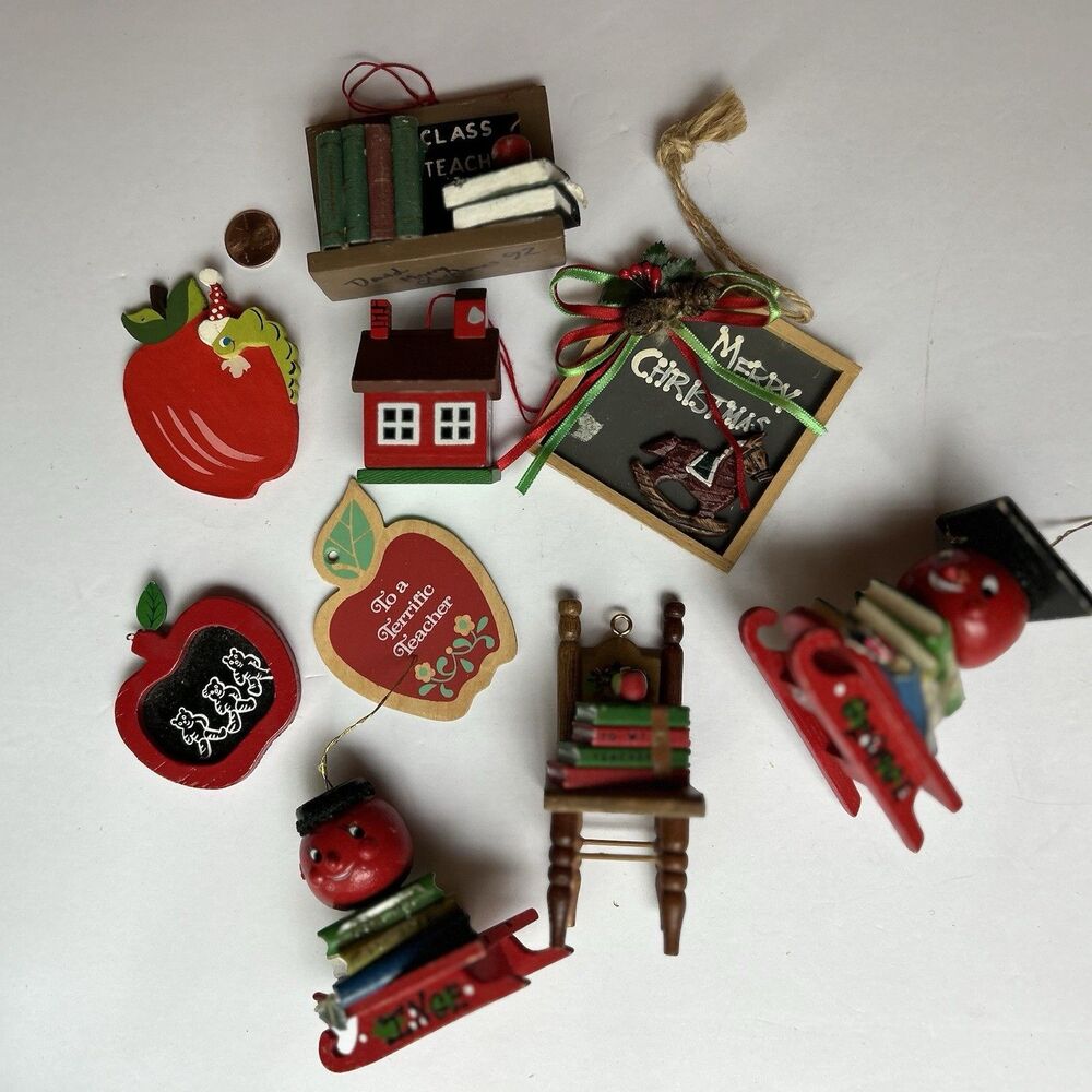 VTG 80s Wooden Christmas Ornament Lot, 9pc - Teacher